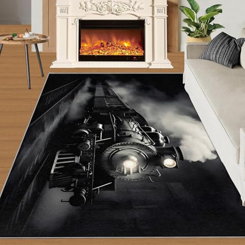 Teppich für Jungen, Retro-Design, 152,4 x 308,8 cm, schwarz, alte Auto-Teppiche für Schlafzimmer, Schienentransport, Küchenteppich, rutschfest, waschbar, 3D-Zug, weicher Kurzflor-Teppich für