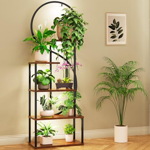 FOOING Indoor Pflanzenständer mit Höhenverstellbaren Wachstumslampen, 170 cm Hohes Metall Blumenregal für Wohnzimmer, 5-Etagen Eckregal, Platzsparende Multifunktionale Pflanzenhalterung für Zuhause