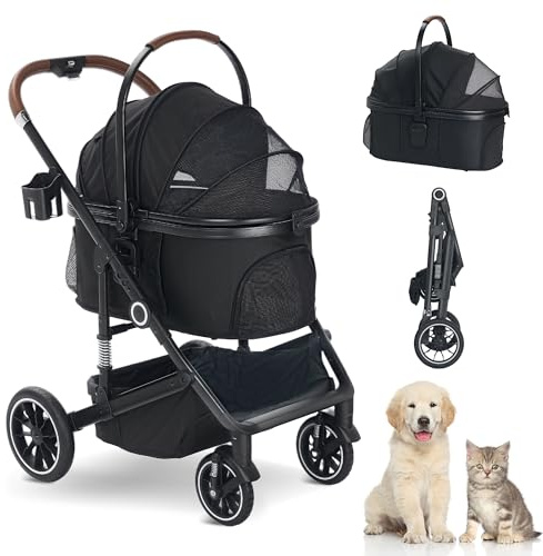 TODEFULL Pet Stroller with 4 Wheels, 3 IN 1 Folding Puppy Strollers for Small/Medium Dogs Cats up to 50lbs, Lightweight Pet Travel Carrier with Detachable Cushion, Storage Basket and Cup Holder, Black