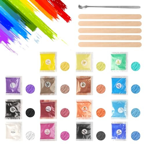 Gießpulver Set in 15 Farben 5g, Farbpigmente für Gießpulver mit Metal Löffel und 5 Holzstäbchen, Pearlescent Mica Powder, Epoxidharz Farbe für DIY Kunst, Gießharz, Seife, Kerzen und Bastelprojekte