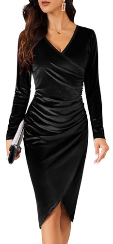 heekpek Womens Wrap Dress Long Sleeve Velvet Evening Dress Midi Elegant V Neck Ruched Bodycon Cocktail Party Dresses Autumn Winter Formal Dresses, Black, L