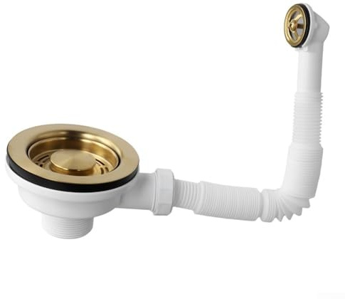 Gold-Plated Kitchen Sink Basket Strainer Waste, Round Overflow, Kitchen Sink Waste Kit Gold Kitchen Sinks Waste and Overflow