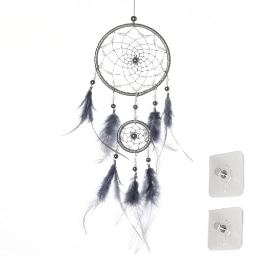 Petit Attrape Rêve Gris Plume Perlé avec Deux Crochets Adhésifs, Attrape Reve de Style Bohème Vintage, idéal pour Decoration Chambre à Coucher, Décorations Festives et Cadeaux