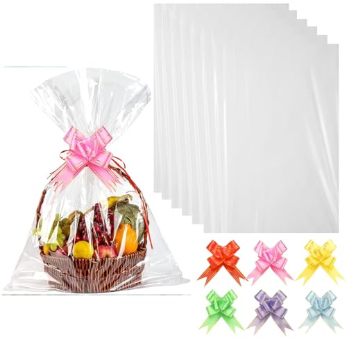 Cellophantüten Groß, 6 Stück 60x90cm Geschenkfolie Transparent, Durchsichtiges Geschenkpapier mit 6 Dekorativen Schleifen, Ideal für Hochzeiten, Weihnachten und Geburtstagsgeschenke