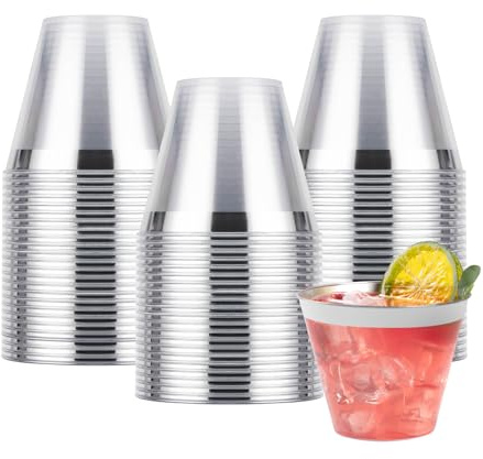 50PCS 9oz Clear Silver Plastic Cups for Party, Reusable Gold Cups, Plastic Cocktail Glasses for Wedding Thanksgiving, Christmas and Parties