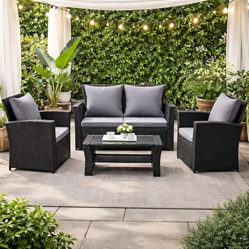 Atenza Polyrattan Gartenmöbel Set 4-teilig, Balkonmöbel Lounge Sitzgruppe | Wetterfeste Terrassenmöbel für 4 Personen, Glastisch mit praktischem Stauraum, waschbare Kissenbezüge mit Reißverschluss