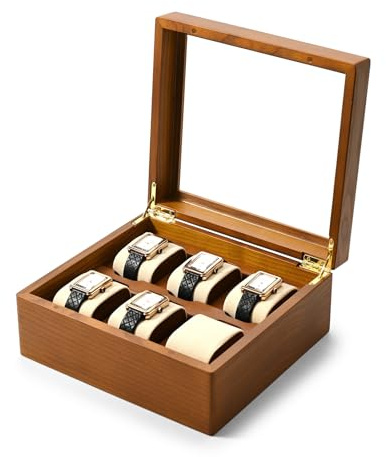 Oirlv Boîte De Montre En Bois Massif Organisateur Avec Couvercle 6 Montres De Stockage Boîte De Montre Avec Coussin Amovible,Rangement Montres(Blanc Crème)