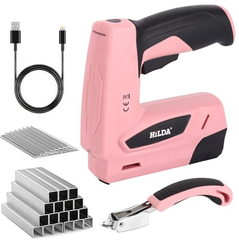 Cordless Staple Gun, 2 in 1 Rechargeable Stapler Nailer Lightweight Electric Stapler with USB Cable Staple Remover, 2000 Pcs Staples for Upholstery Crafts Roofing Carpeting Woodworking Repair, Pink