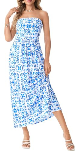 bonbonPomme Women's 2026 Strapless Maxi Dress, Floral Sunflower Print Summer Beach Dresses for Vacation, Flowy Long Boho Dress for Wedding Guest, Luau Party, Floral Blue, Large