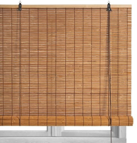 Estor enrollable fabricado con láminas de bambú color tostado de 90x250 cm | Sujeción rápida a pared o techo. Diseño natural perfecto para puertas que se limpia fácil y regula la luz de la estancia.