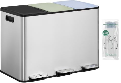 Hzuaneri Cubo de basura para cocina, 3 x 15 l, sistema de separación de basura con 3 compartimentos, cubo de basura con tapa de color suave y pedal, cubo de basura de cocina con cubo interior, acero