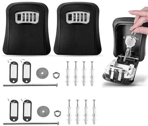 AG LogiShop Set 2 Caja de Seguridad para Llaves con Código + 4 Llaveros Identificación | Caja de Cerradura para Exterior y Pared | Caja Fuerte para Llaves Resistente | Armarios de Llaves
