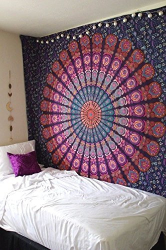 Popular Handicrafts Wandteppich, Wandbehang, Hippie-Mandala, Bohemian, Hippie, psychedelisch, aufwendiges Blumendesign, indische Wandteppiche, Tagesdecke, 230 x 270 cm, Lila