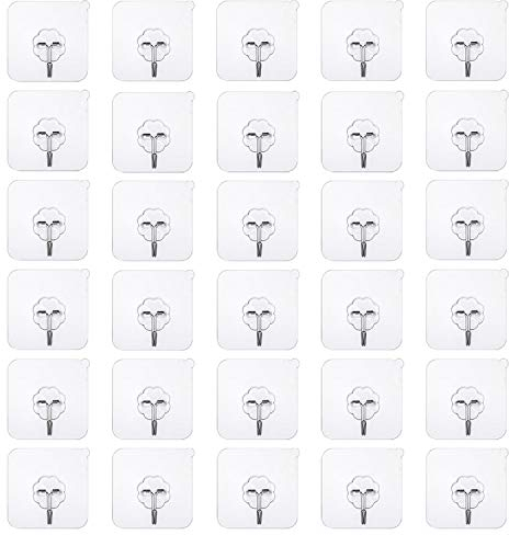 INPION 30/50 Pack Adhesive Hooks Heavy Duty Wall Hooks Strong Adhesive Hook 22lbs/10kg Seamless Transparent Hook (30)
