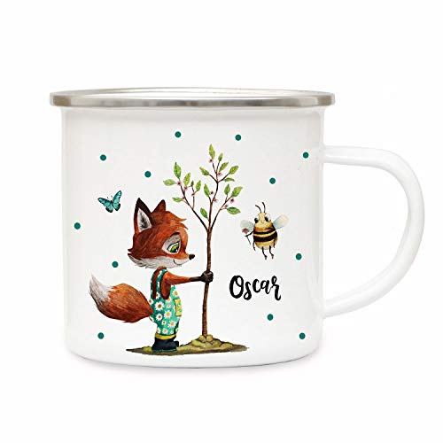 ilka parey wandtattoo-welt Emaillebecher Becher Tasse Camping Fuchs mit Biene & Wunschname Name Kaffeetasse Geschenk eb362