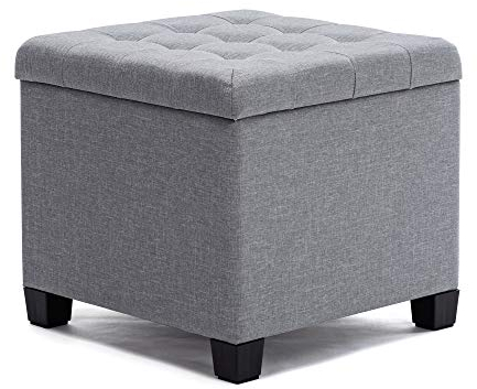HNNHOME Sitzhocker mit Stauraum, Sitzwürfel mit Deckel, Sitztruhe, Fußbank Truhen Aufbewahrungsbox, Leinen, 44 L, 45 x 45 x 41 cm, hellgrau