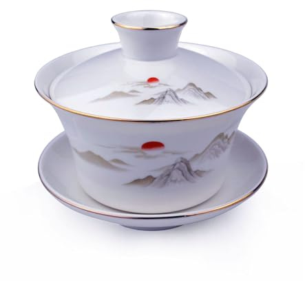 YXHUPOT Gaiwan Große Teetasse aus weißem Porzellan, Sancai-Teetassen-Set, Schönheitsmuster, Deckel Sonne (266 ml, mittel)