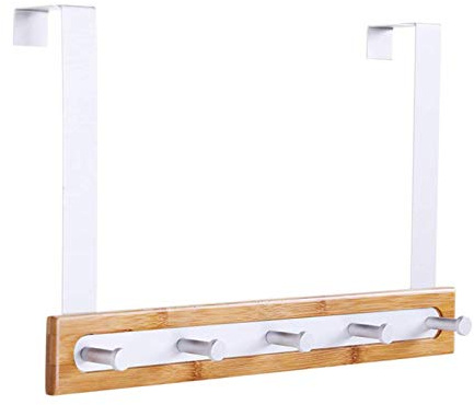 YuuHeeER Over The Door Hanger 5 Hooks Bamboo Wooden Stainless Steel Towel Coat Bag Silver