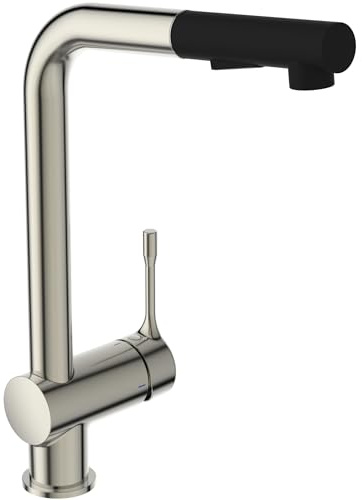 Ideal Standard BC178GN Ceralook Küchenarmatur hoher Auslauf, herausziehbarer 2-Funktionshandbrause, Silver Storm