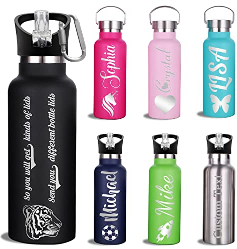 Personalisierte individuelle Wasserflasche mit Strohhalm individuelle isolierte Wasserflaschen mit NamensSymbol gravierte Flasche für Kinder Frauen Schule Fitnessstudio (Edelstahl 750 ml 7 Farben)