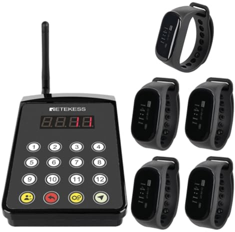 Retekess TD154 Pager System Restaurant, Kellner Rufsystem, Restaurant Pager um Die Mahlzeit zu Liefern, IPX7 Wasserdicht, Pack of 5 Pager-Uhren und 1 Tastatur, für Restaurant, Hotel, Bar