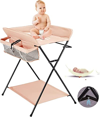 Baby Wickelkombi - klappbare Wickelkommode, mobiler Wickeltisch mit Wickelauflage, Sicherheitsgurt und Ablagefächern, platzsparend & stabil-80 * 66 * 98cm rosa