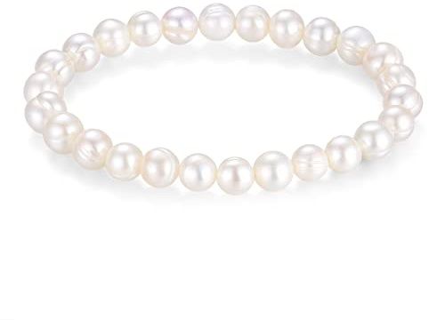 LUINNO Pärlarmband med äkta naturliga sötvattenspärlor i barockform, 8 mm diameter, glänsande vita odlade pärlor, 15/16/17 cm, Handgelenk 16 cm, Sötvattensodlade pärlor, Pärla