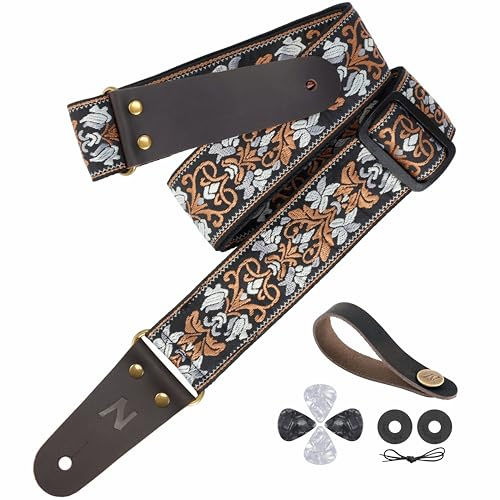 Correas de guitarra con bordado jacquard de 2, extremos de cuero plena flor con bolsillo invisible, para bajo, guitarras eléctricas y acústicas, hebilla, cierre de correa y púas de guitarra gratis