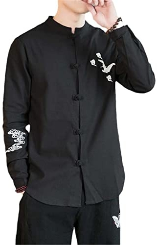 Costume Tang de Style Chinois pour Hommes Chemise de Couleur Unie rétro Oriental Traditionnel Tai Chi Uniforme Boucle Veste Chinoise Manteau Black S