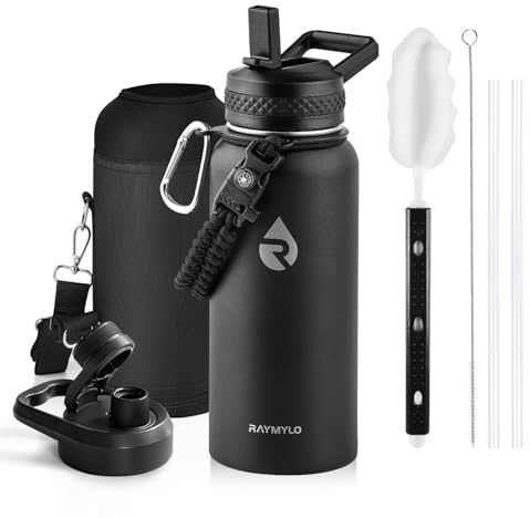 RAYMYLO Insulated Stainless Steel Water Bottle with Straw & Spout Lids, 1L Leak Proof Metal Water Flask Jug for Sports and Travel, BPA-Free, Keeps Cold for 24 Hrs, Hot for 12 Hrs