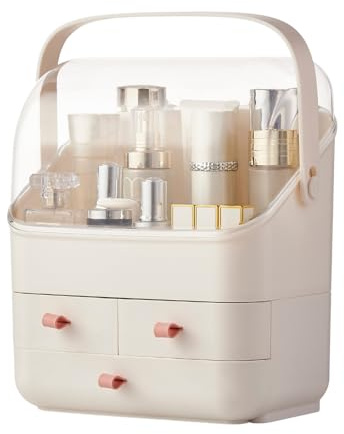 Cosmetic Organiser Makeup Holder with Lid Storage Case Ivory White Beauty Essential Box Dust Free Waterproof Cover Portable Handle Fully Open Drawers Bathroom Countertop Bedroom Dresser