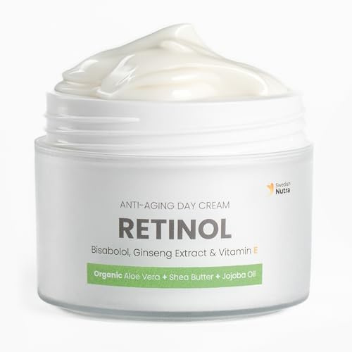 Swedish Nutra Anti-Aging Retinol Tagescreme, 50 ml | Hydratisierte & glatte Haut mit Bisabolol, Vitamin E, Bio-Aloe Vera, Sheabutter & Jojobaöl; hergestellt in Schweden