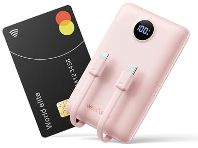 Batterie Externe 10000mAh, WeeFancy Power Bank Charge Rapide PD 22.5W avec Câbles Intégrés USB C Sortie, Mince Légère Portable Chargeur Affichage LED, Universel Compatible iPhone/Samsung (Rose)