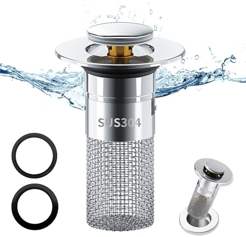 304 Edelstahl Pop Up Abflusssieb, Upgraded Bathroom Sink Plug, Metal Drain Plug Universelle, Waschbeckenstöpsel, Mit Filtersieb/Dichtungen, Abflussstopfen für Bad, Waschbecken und Küche (34-40mm).