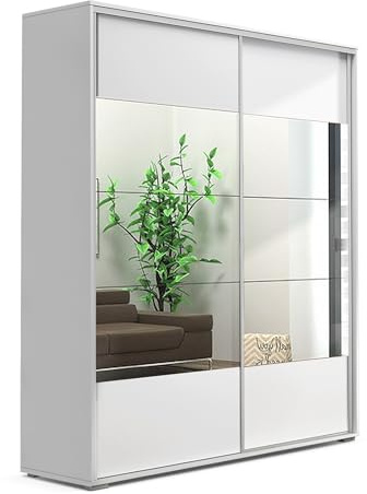 BM-Möbel Großer Schlafzimmerschrank mit Zwei Schiebetüren, Spiegel, Kleiderstange und Regalen - Schwebetürenschrank - für Garderobe, Schlafzimmer - Weiß - 125 X 62 X 245 cm (B/T/H)