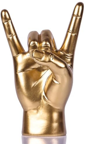 Statue aus goldfarbenem Kunstharz mit Rock-auf-Hand-Geste – dekorative Tischskulptur für Liebhaber der Rockkultur und Musik als Dekoration für Bücherregale, Kaminsims zu Hause oder im Büro (Gold)