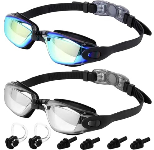 SUNOYA Gafas Natacion, 2 Piezas Gafas Piscina Antiniebla, Hombre, Mujer, Niño, Adultos, Protección Uv, Buceo, Plata+Dorado