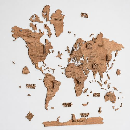 Creatifwood Carte du Monde Murale en Bois 2D – Décoration Murale, Art Mural Voyage, Suivi de Voyages, Idée Cadeau pour Salon, Bureau ou Chambre – Dark, 150 x 105 cm
