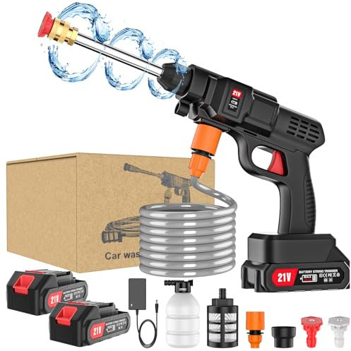 Nettoyeur Haute Pression sans Fil, 21 V 20 Bar Portable Nettoyeur Haute Pression sur Batterie, Buse Réglable Multifonction, avec 2 Batteries, Tuyau de 5M, pour Jardin et Voiture