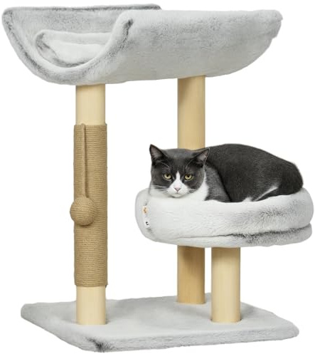 PawHut Abre à Chat avec griffoir, Arbre à Grimper pour Chat, Tour de Jeux, 1 Niche supérieure avec Coussin Lavable, 1 Niche Ronde et 1 Balle Suspendue, Hauteur 60 cm, en Bois Massif, Gris
