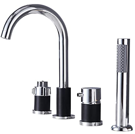 Bathtub Faucets Bath Shower Set 4 Hole Bath Mixer Tap with Hand Shower Shower Set Bathtub Mixer Tap Shower 4 Holes Tub Tap for Bathroom Gold+Black, Thermostatic Switch (Gold Button, WESLNN, Chrome+