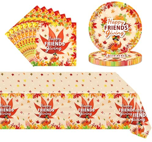 POPOYU Set di 37 Piatti di Carta Ringraziamento,Stoviglie per Feste in Carta di Ringraziamento,20 x Tovaglioli,16 x Piatti Piani di Carta,137x274cm Tovaglia per Decorazioni Ringraziamento(16 ospiti)