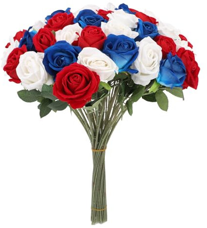 Bewinner Set da 50 Pezzi Bouquet di Rose Artificiali, Rosso Blu Bianco, Colori Vivaci, Decorazioni per Feste Primaverili Ed Estive per Interni Ed Esterni, Bouquet di Rose per la
