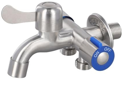 Grifo de tres vías de acero inoxidable con 3 interruptores independientes – Válvula de triple salida para lavadora, lavavajillas y fregadero – Grifo multiusos compacto para cocina y lavadero (A)