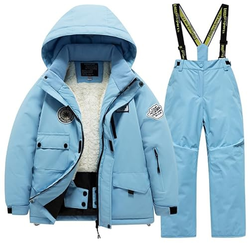 SUYUKU Traje de nieve para niños y niñas, traje de nieve para invierno, abrigo con capucha, pantalones cálidos, impermeables, trajes de esquí, felpa térmica, para invierno, chaqueta gruesa, azul, 10