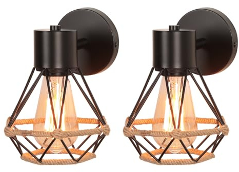 iDEGU 2 Stück Wandleuchten Innen Industrie Design Wandleuchte Innen aus Metall Vintage Käfig mit Hanfseil E27 Wandspot Verstellbare Deckenleuchte Wandstrahler für Flur Wohnzimmer Esszimmer (Schwarz)