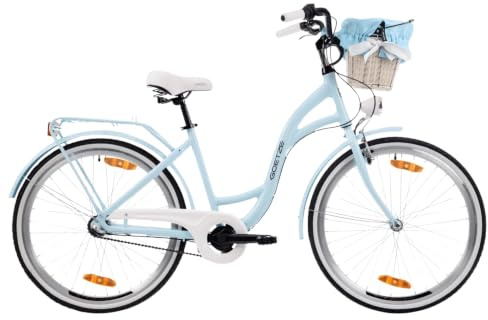 Goetze Style 26 Zoll ALU Damen Citybike Komfort-Fahrrad mit 3-Gang | 17 Zoll Aluminium Tiefeinsteiger, 14 kg, Rücktrittbremse & V-Brake, LED-Licht, Rattankorb, Gepäckträger & Ständer