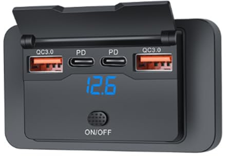 Cpolebev 4 Porte 12V 108W Dual PD+Dual QC3.0 Caricabatterie USB con Voltmetro Digitale Interruttore Presa di Corrente Pannello Adattatore