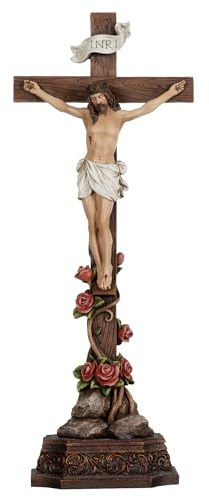 Grace4Joy Stehendes Kruzifix, katholisch, 36,7 cm, Kreuz: Jesus Christus, Tischstehendes Kreuz mit Rosenverzierung, handbemalt, Heim-Altar-Dekor