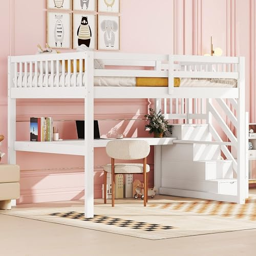 Merax Kinderbett 140x200 cm Hochbett mit Schreibtisch, Ablageleiter - Bettgestell mit Lattenrost (ohne Matratze), aus Kiefernholz, Jugendbett - für Kinder/Erwachsene, Weiß